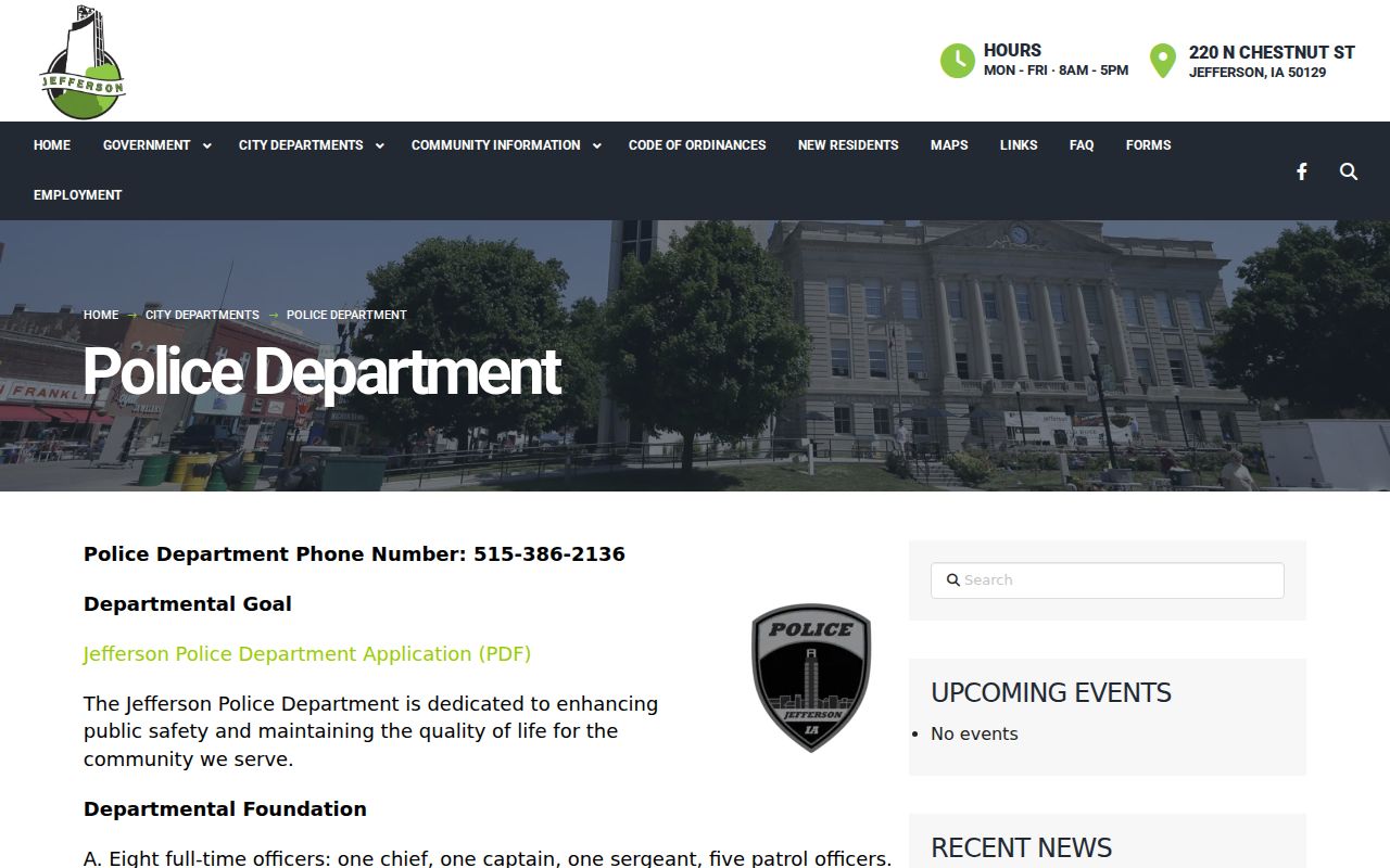 Jefferson Police Department criminal history and report access page